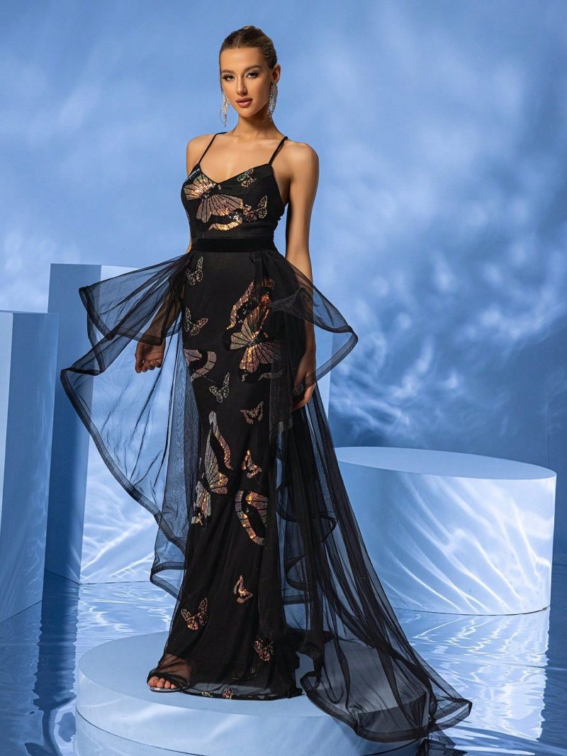 Butterfly Sequin Mesh Fishtail Evening Party Dress - Image 4