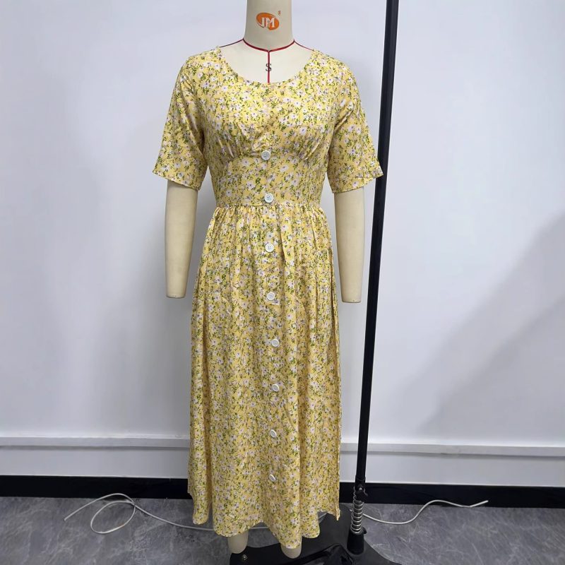 Floral Round Neck Single Breasted Casual Dress - Image 2