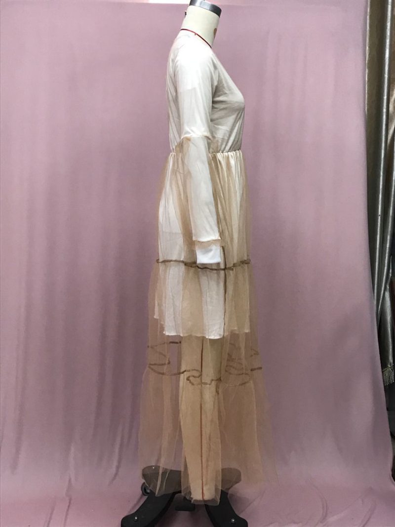V-Neck Puff Sleeve Mesh Maxi Dress - Image 3