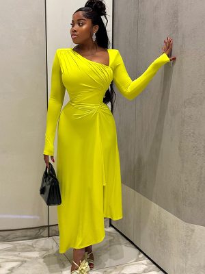 Elegant Slim Fit Pleated Asymmetric Long Sleeve Maxi Dress