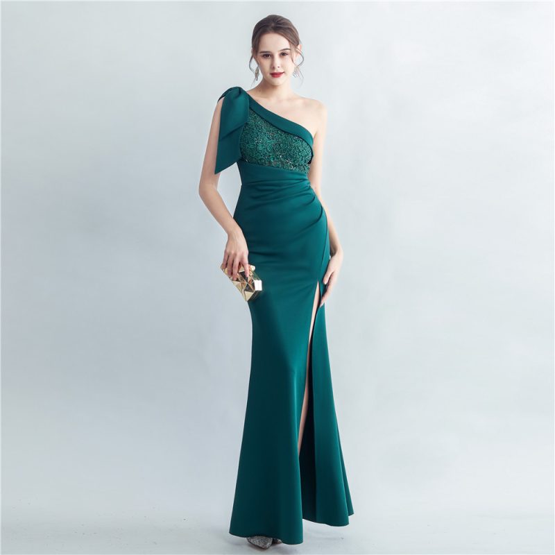 High-End Beaded Lace One-Shoulder Side Slit Evening Dress - Image 3