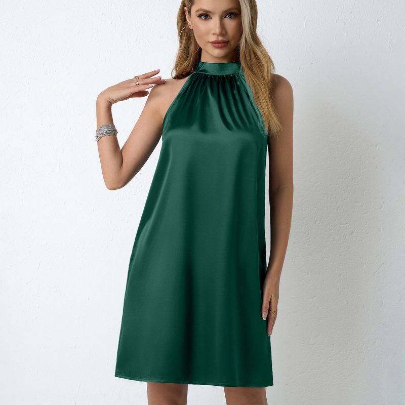 Sleeveless Satin Halter Midi Dress for Summer