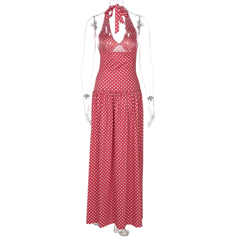 Summer Floral Polka Dot Halter Swing Dress - Image 4
