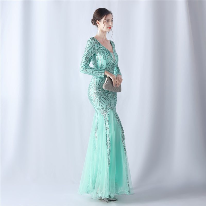 Mesh Sequin Long Sleeve Evening Dress - Image 4