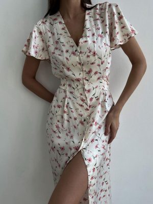 Slimming V-Neck Lace-Up Floral Shirt Dress