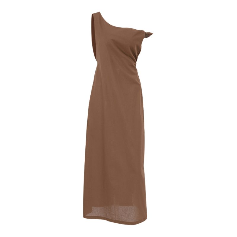 Retro Cotton Linen Asymmetric Collar Slim Fit Dress - Image 4
