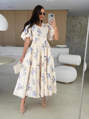 Summer V-Neck Puff Sleeve Lace-Up Dress