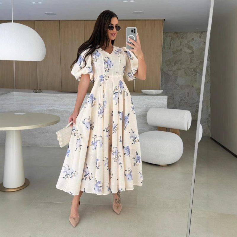 Summer V-Neck Puff Sleeve Lace-Up Dress