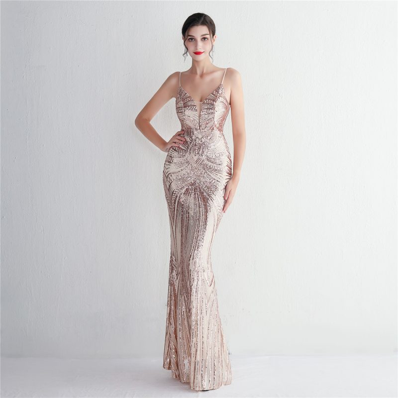 Elegant Floral Suspender Sequined Slim Fit Dress - Image 3
