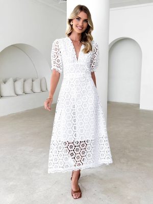 Sexy V-Neck Solid Lace Hollow-Out Maxi Dress