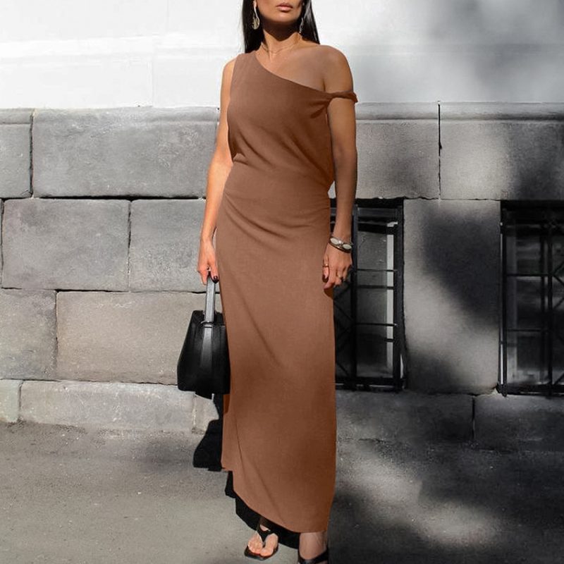 Retro Cotton Linen Asymmetric Collar Slim Fit Dress - Image 2