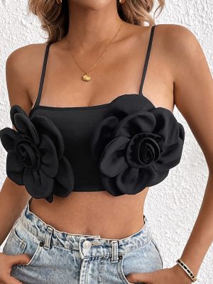 Sexy Black Floral Elastic Roll Vest Women