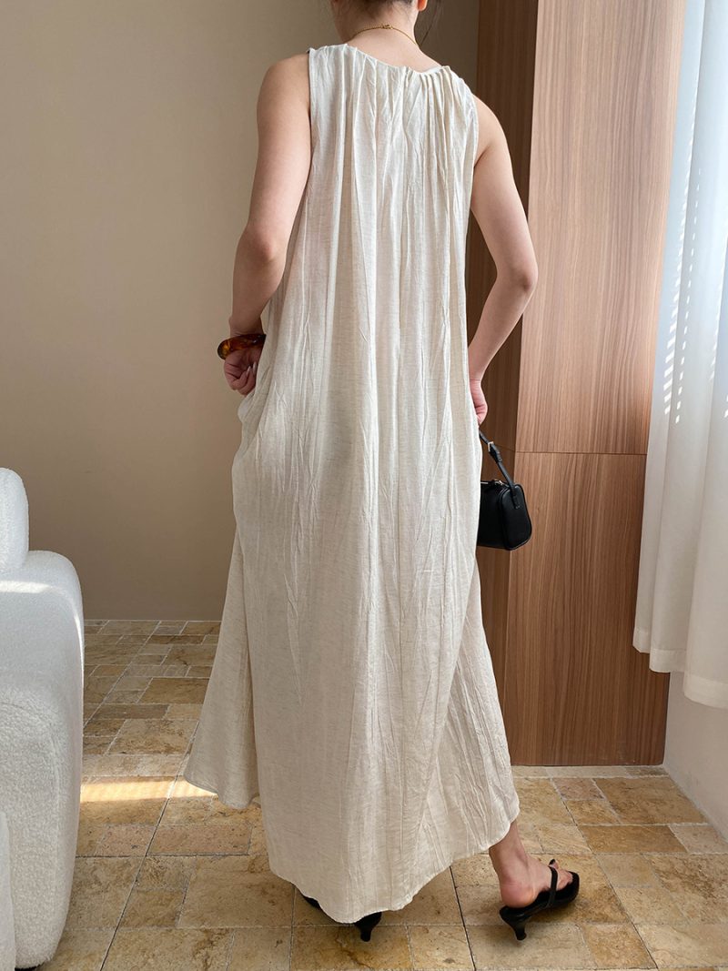 Relaxed Linen Pleated Sleeveless A-Line Dress - Image 2