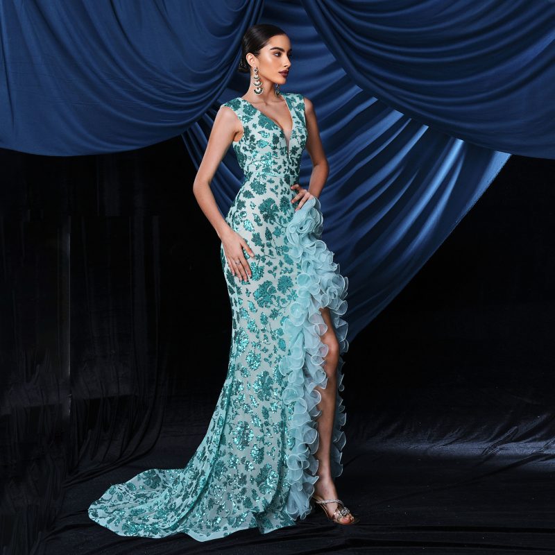 Sparkling Sequined V-Neck Evening Gown Women - Image 2
