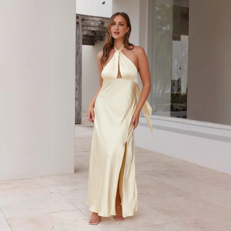 Sexy Solid Split Halter Backless Midi Dress