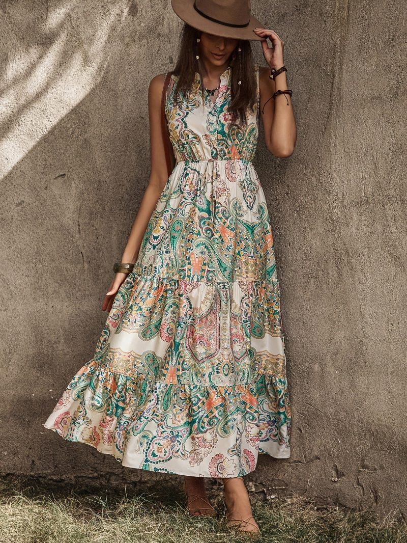 Floral Ruffle Sleeveless Stand Collar Summer Dress - Image 3