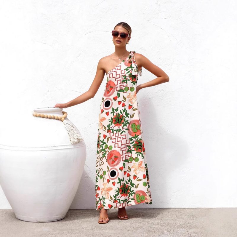Summer Printed Shoulder Lace-Up Elegant Dress