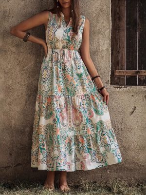 Floral Ruffle Sleeveless Stand Collar Summer Dress