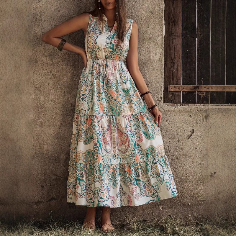 Floral Ruffle Sleeveless Stand Collar Summer Dress