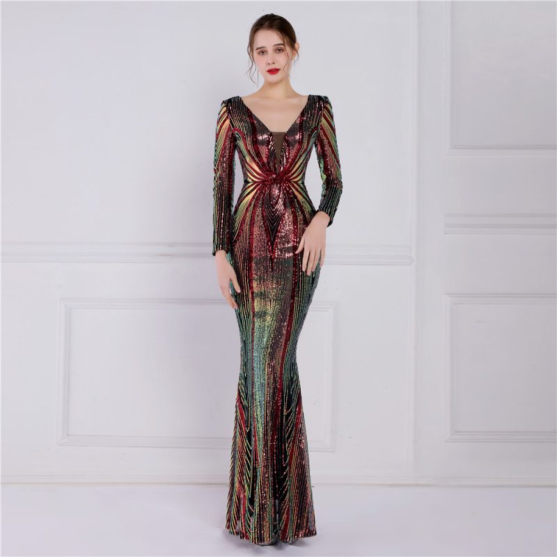 Elegant Floral Sequin Long Sleeve Fishtail Gown - Image 3