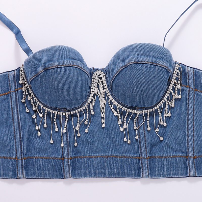 Beaded Tassel Denim Corset Tube Top Women - Image 4