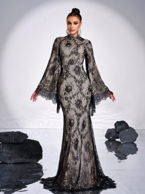 High-End Lace Long Sleeve Cocktail Evening Dress