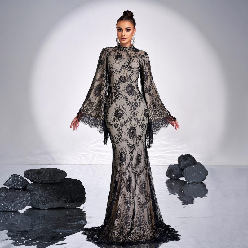 High-End Lace Long Sleeve Cocktail Evening Dress