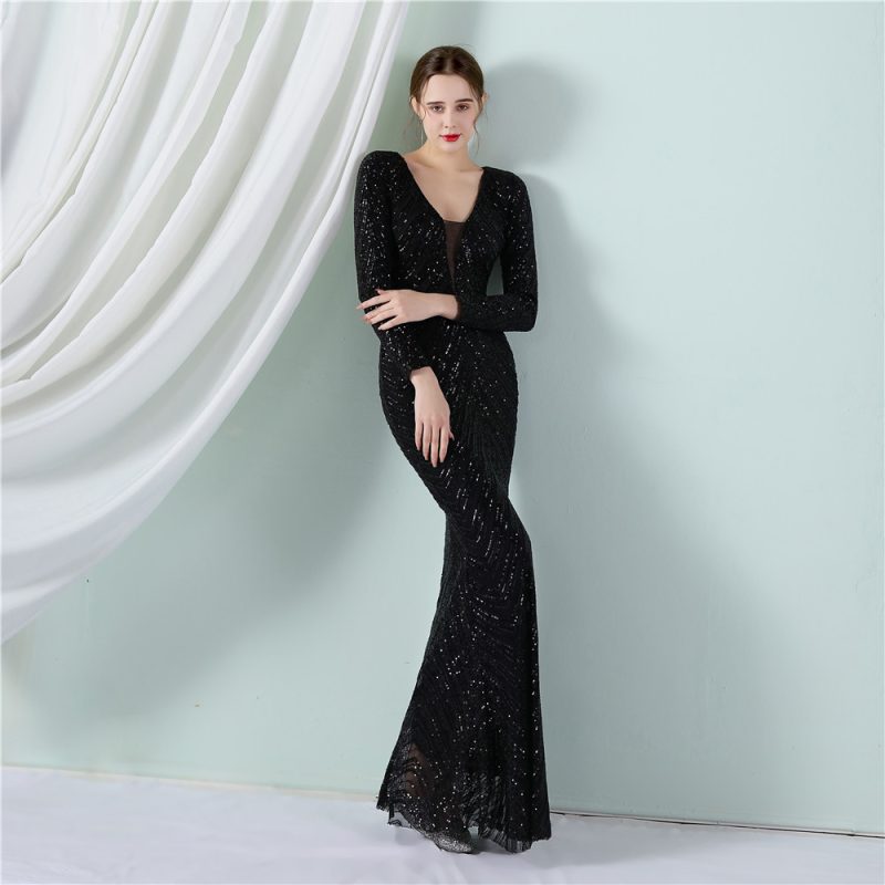 Elegant Floral Sequin Long Sleeve Fishtail Evening Dress - Image 3