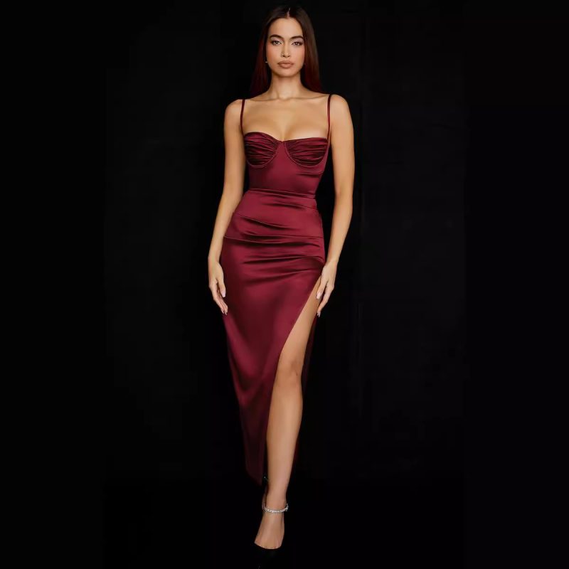 Sexy Satin Sling Frill Split Thigh Dress - Image 2