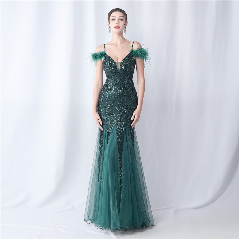 Floral Sequin Ostrich Feather Mesh Evening Dress - Image 2