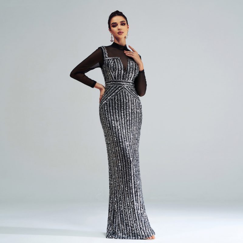 Long Sleeve Slim Sequined Fishtail Dress