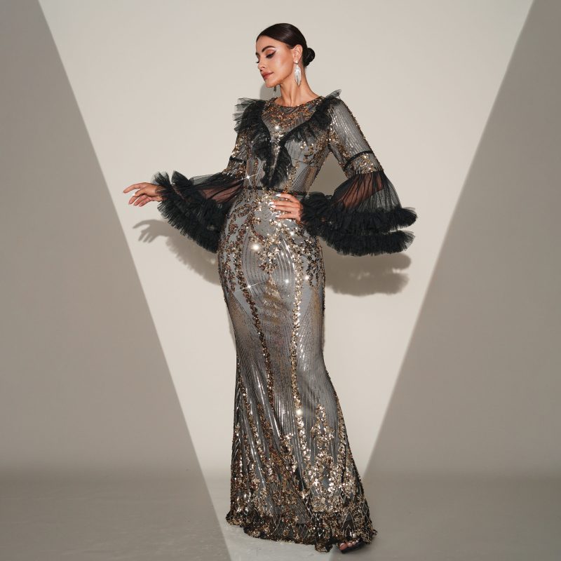 High-End Long Sleeve Sequin Fishtail Dress - Image 4