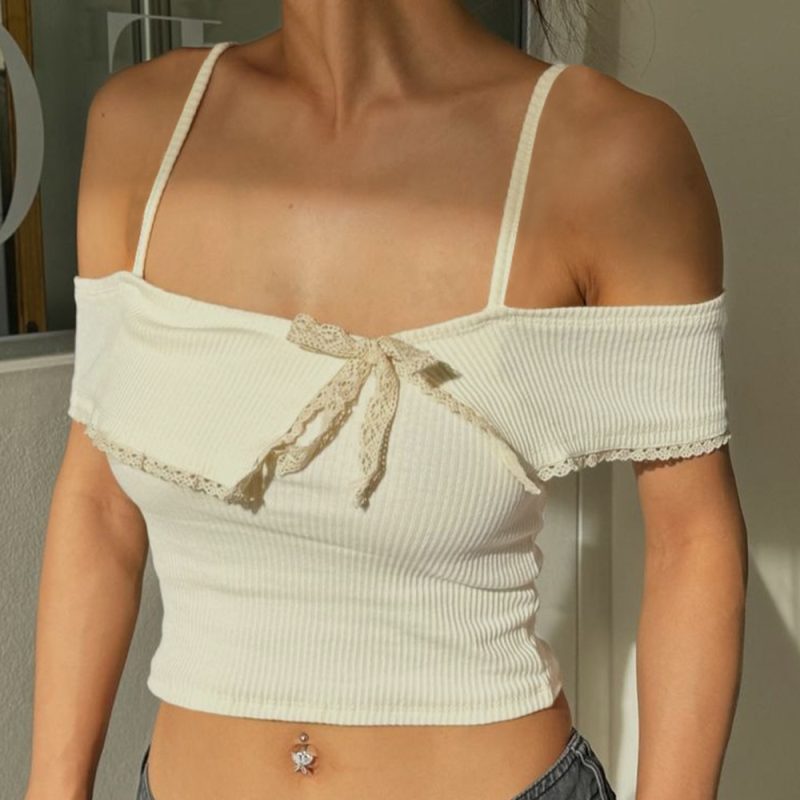 Lace Bow Crop Top with Spaghetti Straps - Image 2