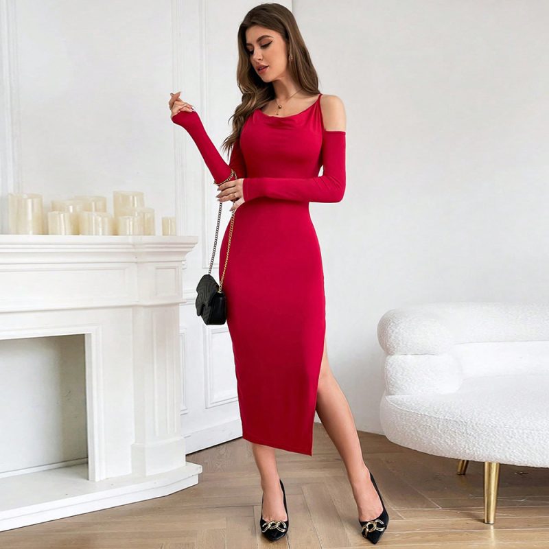 Knitted Shoulder Hollow Out Side Slit Dress - Image 4