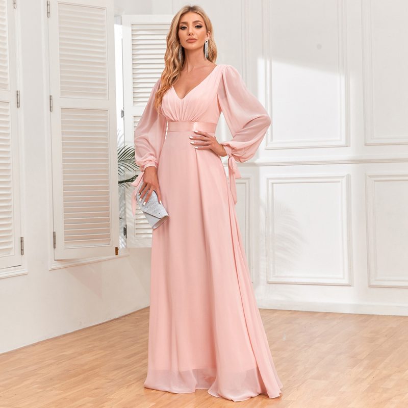Pink Chiffon Lace-Up V-Neck Evening Dress - Image 4