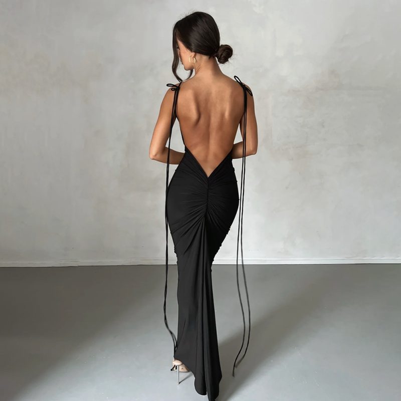 Elegant Backless Pleated Evening Strap Dress - Image 4