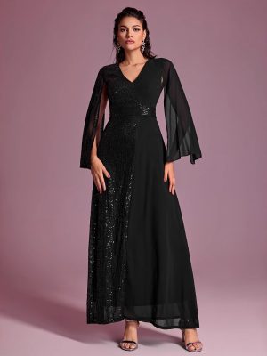 Sequin V-Neck Split Long Sleeve Evening Dress