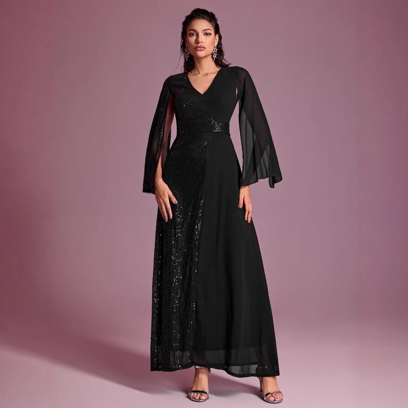 Sequin V-Neck Split Long Sleeve Evening Dress