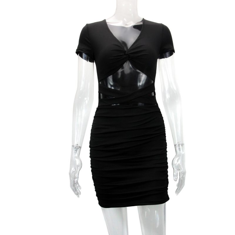 Sexy V-Neck Hollow Out Pleated Hip Dress - Image 3
