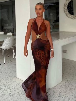 Sexy Hollowed Slim Fit Printed Slit Dress