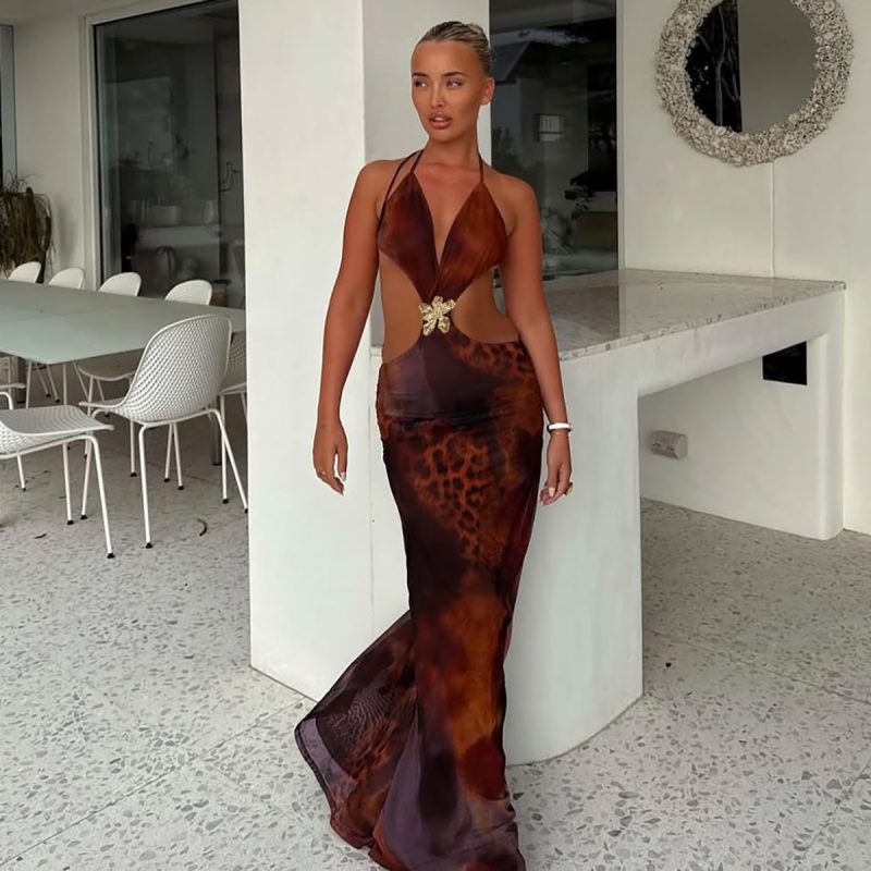 Sexy Hollowed Slim Fit Printed Slit Dress