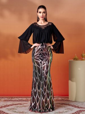 Long Sleeve Sequined Fishtail Sheath Cocktail Dress