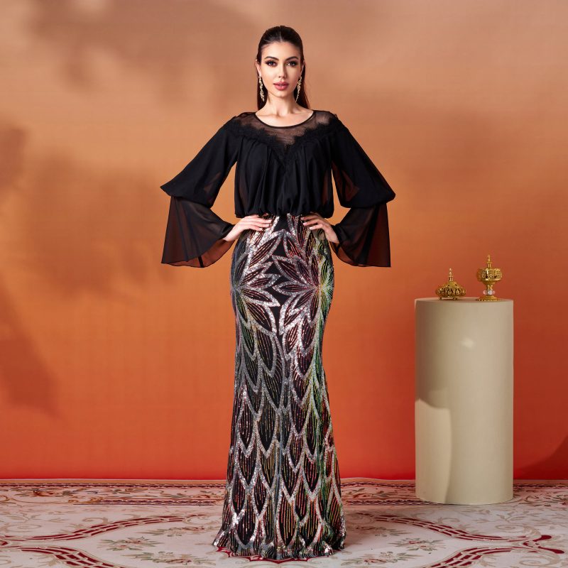 Long Sleeve Sequined Fishtail Sheath Cocktail Dress