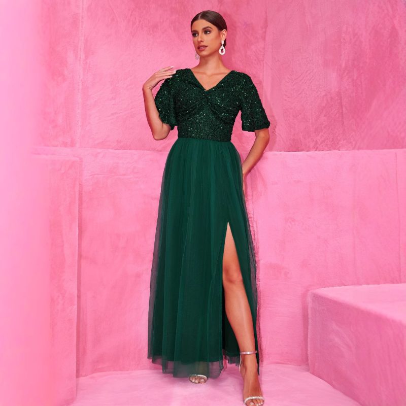 Elegant A-Line Sequined Double V-Neck Tulle Dress - Image 3