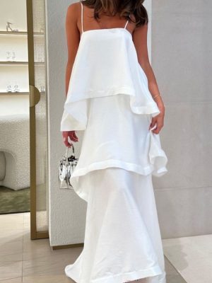 French White Satin Tiered Drape Cami Dress