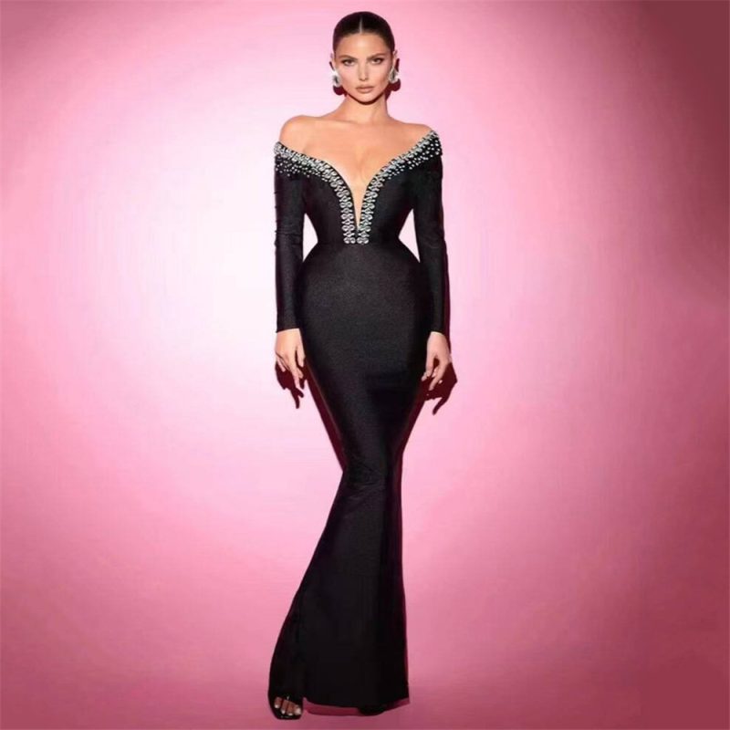 Sexy Off-Neck Rhinestone Fishtail Bandage Dress