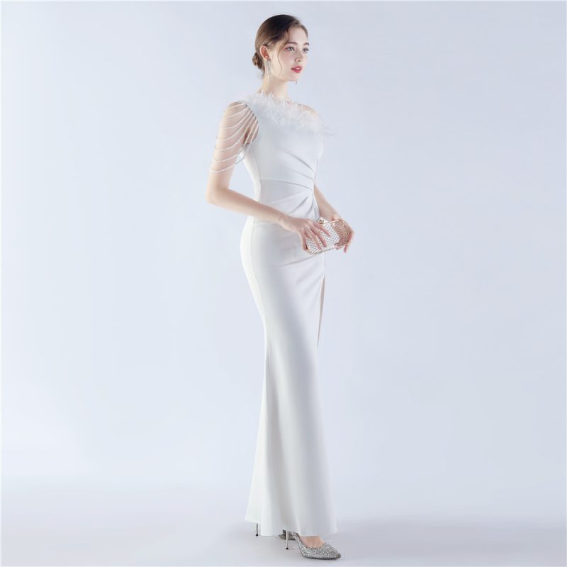 Winter Beaded Ostrich Feather Ceremony Evening Dress - Image 2