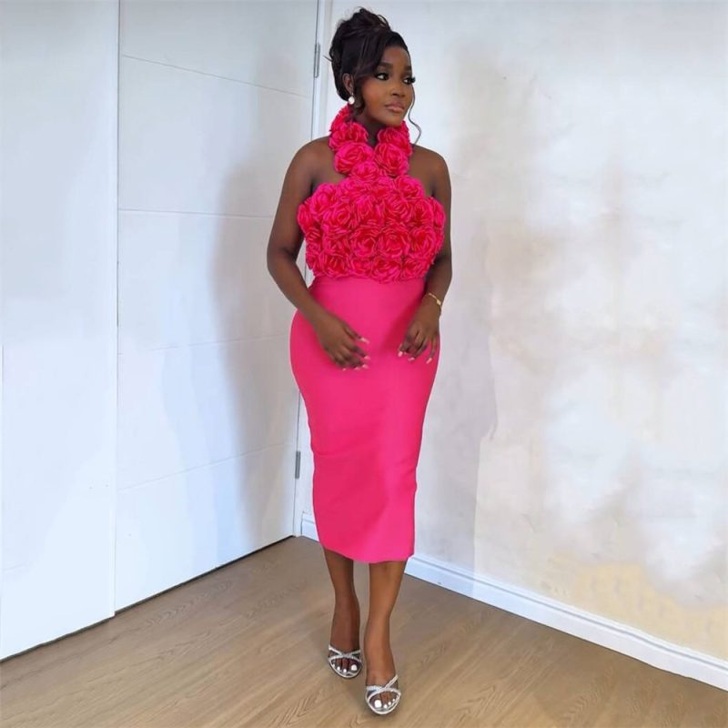 Sexy Halter Backless Floral Bandage Midi Dress - Image 2