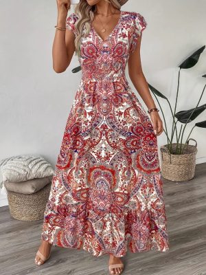 V-Neck Printed Smocked Waist Maxi Dress