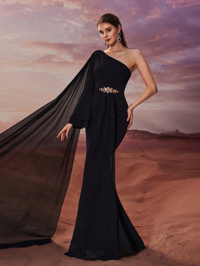 Elegant One-Shoulder Chiffon Applique Fishtail Dress - Image 4